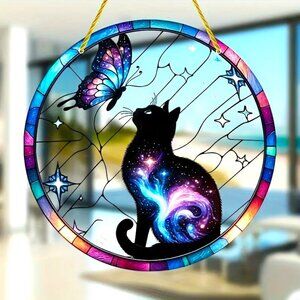 Black Cat Butterfly Suncatcher Cosmic Mystical Stars Hanging Colorful In/Outdoor